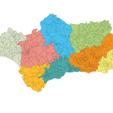 Mapa de Andalucía delimitado por provincias.